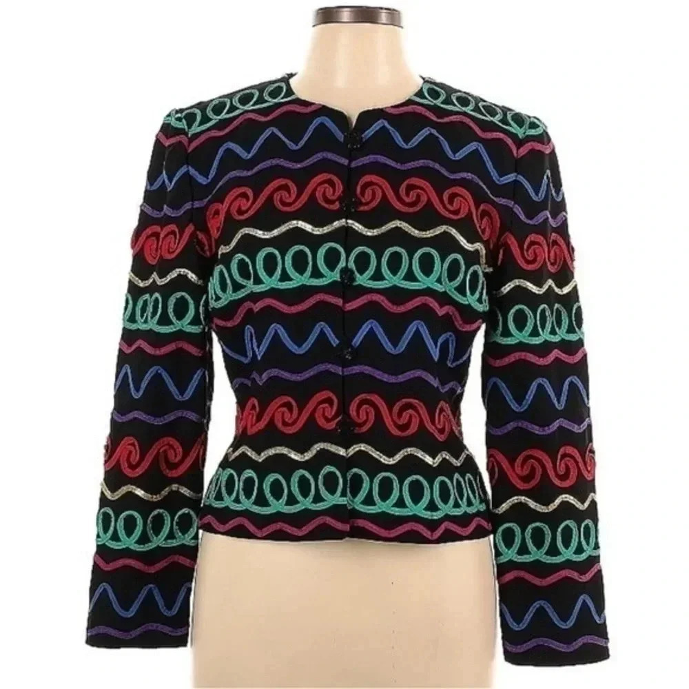 Vintage Maggy London Embroidered Ribbon Art To Wear Blazer Jacket Size 10 Med M